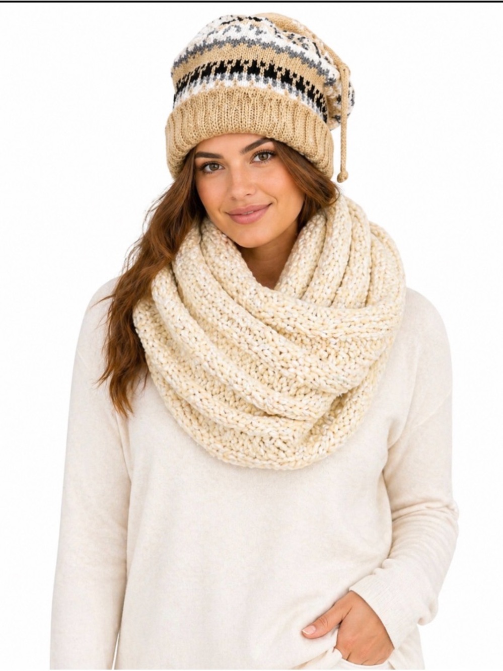 Preston & York Tan Knit Hat Peace & Pearls Scarf